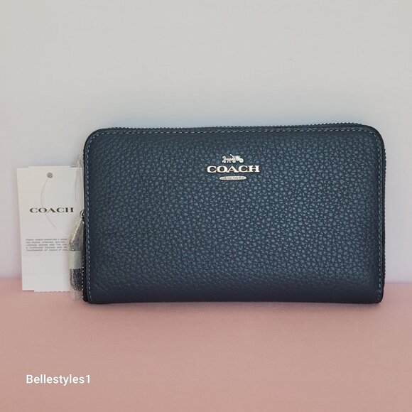 COACH Pebbled Leather Medium ID Window Zip-Around Wallet- Denim color - Picture 6 of 16